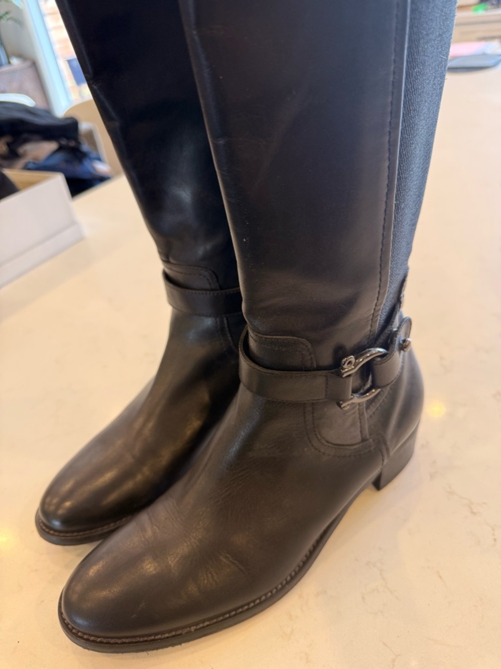 Aquatalia Black Leather Mid-Calf Riding Boots with Silver Hardware